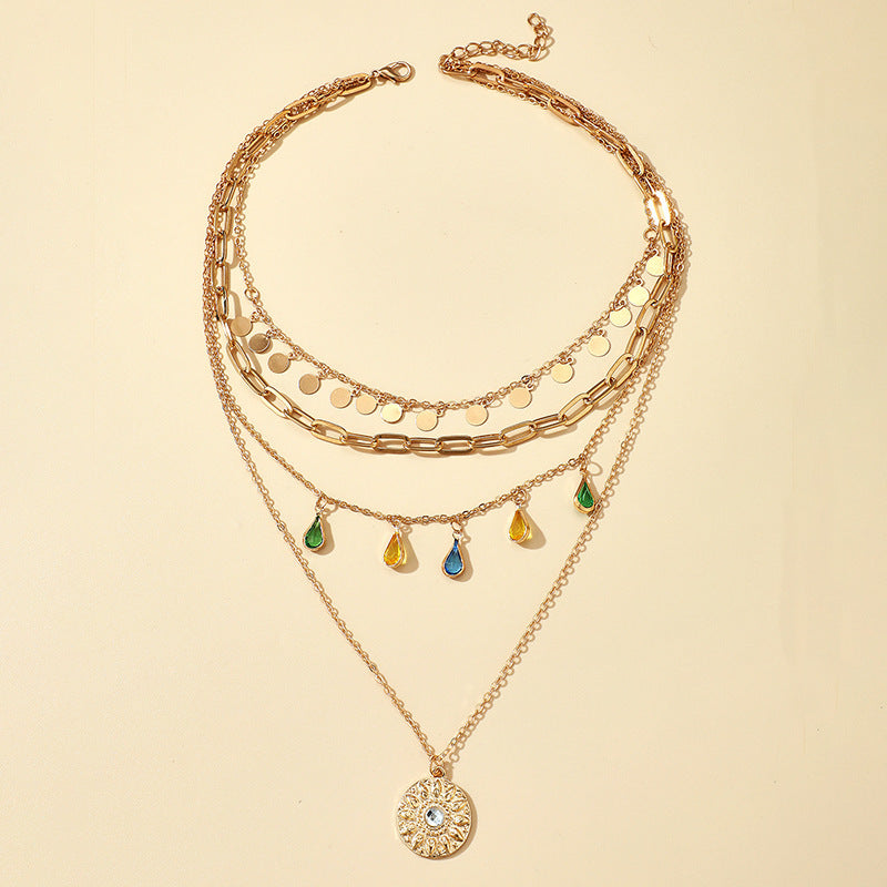 Alloy Clasp Rhinestone Tassel Concave Convex Circular Pendant 4-layer Necklace